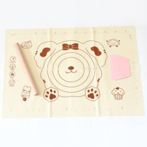 3 In1 Silicone Baking Mat With Wooden Belan & Cake Scraper (3 Pcs Set / 65Ã—45 CM)