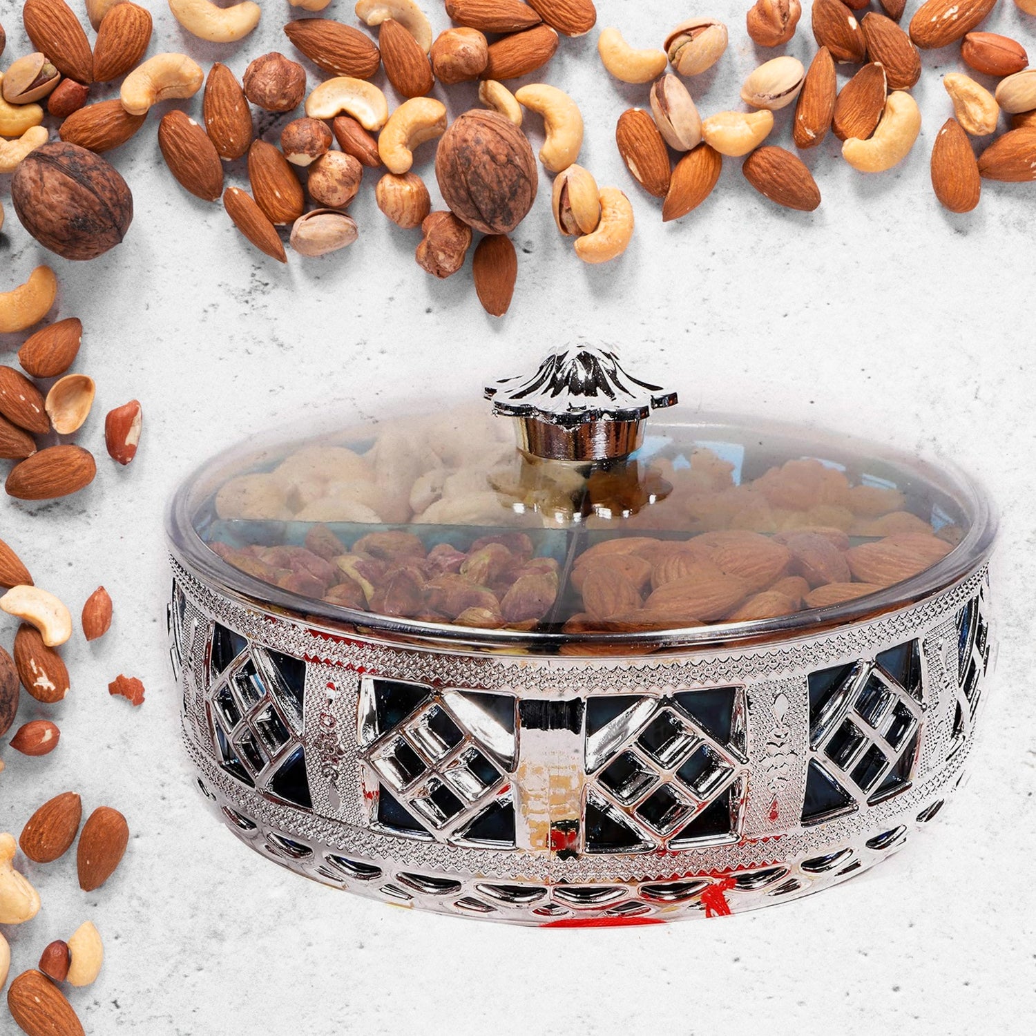 Multipurpose Dry Fruit Box 4 Section Dry Fruit Round Silver Gift Box (1 Pc) - Shivani Jaswal Multipurpose Dry Fruit Box 4 Section Dry Fruit Round Silver Gift Box (1 Pc)