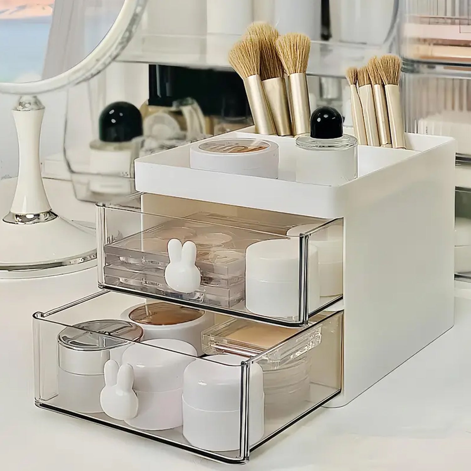 2 Layer 5 Compartment Desk Organizer with Transparent Drawer (1 Pc / 15×13×11 Cm) - Shivani Jaswal 2 Layer 5 Compartment Desk Organizer with Transparent Drawer (1 Pc / 15×13×11 Cm)