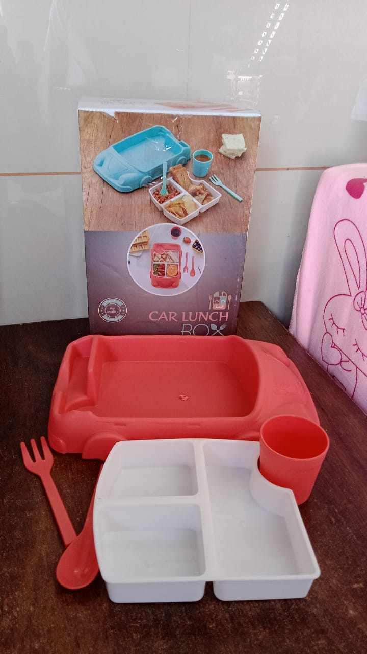 Kid's Car Shaped Plates Cup / Lunch Box Dinnerware Set (4 Pcs Set / 1000 ML Lunch Box) - Shivani Jaswal Kid's Car Shaped Plates Cup / Lunch Box Dinnerware Set (4 Pcs Set / 1000 ML Lunch Box)