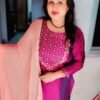 Pink embroidered poly silk kurti set with dupatta and bottomwear