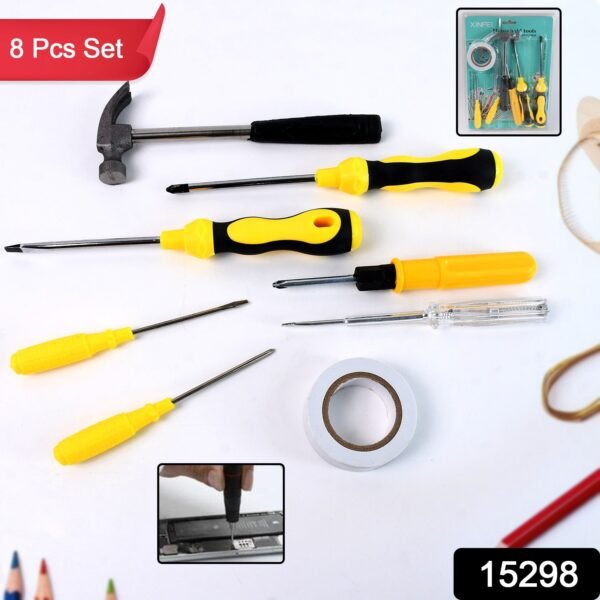 8 In 1 Hand Tool Kit, Steel And Plastic Hammer, Screwdriver & Tape