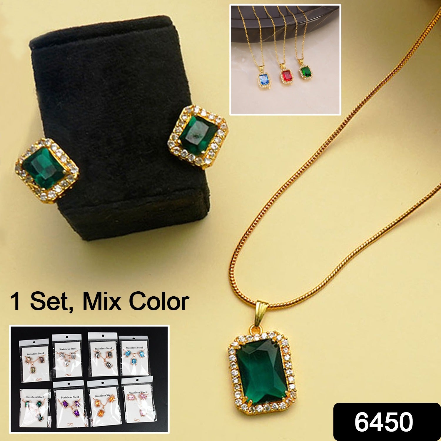 Stone Pendant Necklace Chain Set with Earrings (1 Set / Mix Color & Design) - Shivani Jaswal Stone Pendant Necklace Chain Set with Earrings (1 Set / Mix Color & Design)