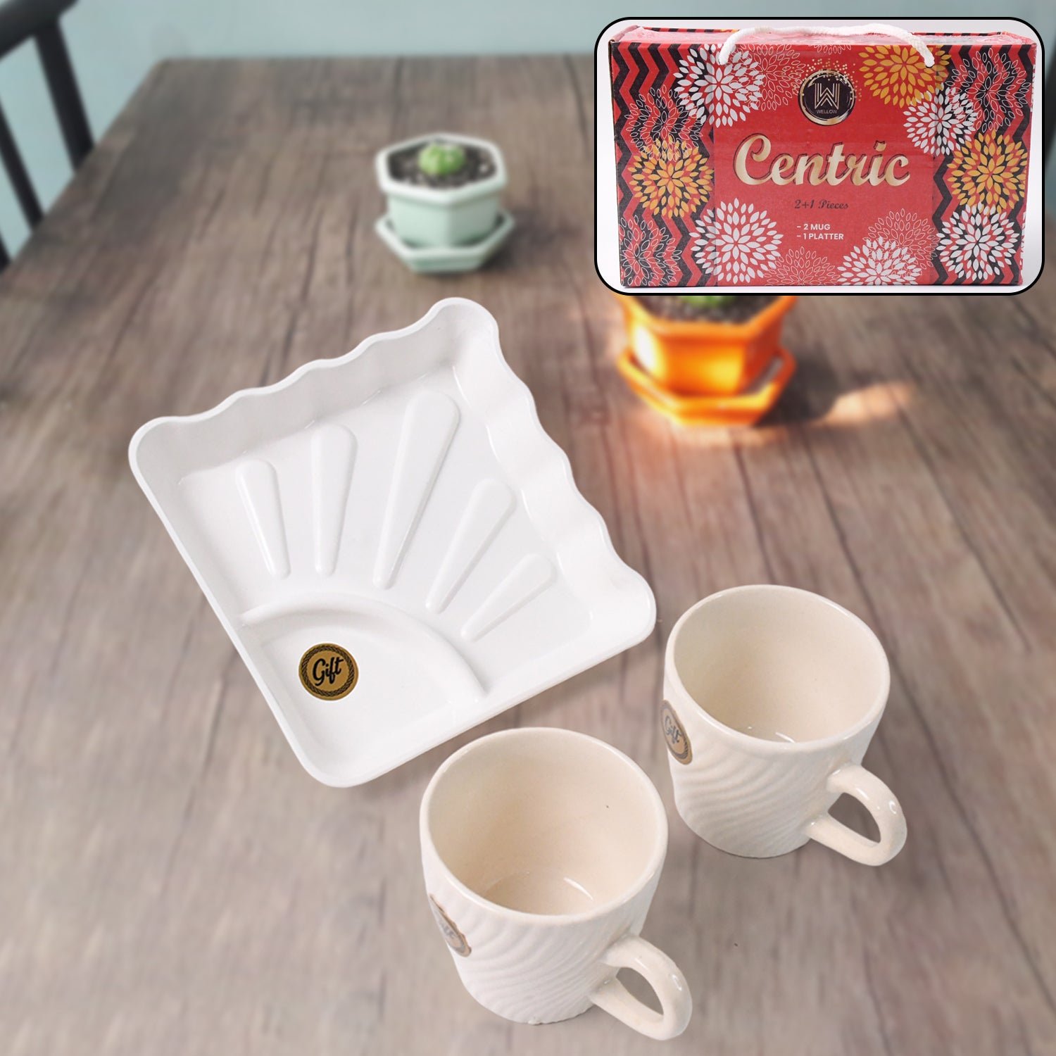 Cerntric Ceramic Tea Cup With Plastic Square Shape Serving Platter Milk Cup 3pc Set - Shivani Jaswal Cerntric Ceramic Tea Cup With Plastic Square Shape Serving Platter Milk Cup 3pc Set