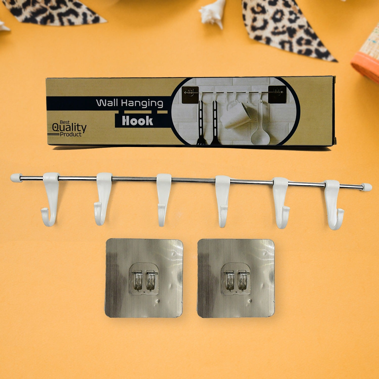 Stainless Steel Utensil Hanger Rail Nail Free Wall Mount with 2 Magic Stickers & 6 Plastic Hooks For Kitchen - Shivani Jaswal Stainless Steel Utensil Hanger Rail Nail Free Wall Mount with 2 Magic Stickers & 6 Plastic Hooks For Kitchen