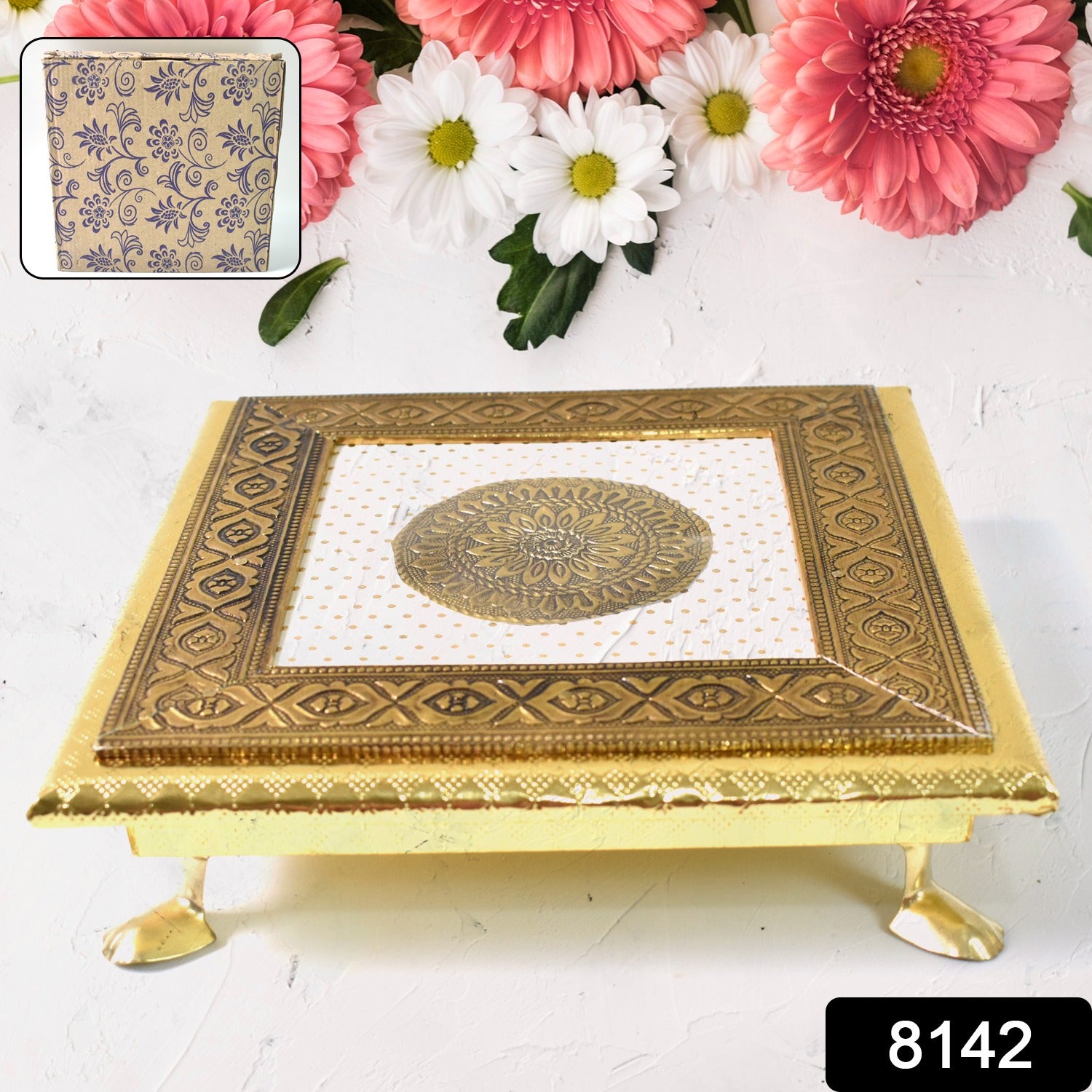 Golden - Square Pooja Chowki Patla / Bajot (20×20 CM / 1 Pc) - Shivani Jaswal Golden - Square Pooja Chowki Patla / Bajot (20×20 CM / 1 Pc)