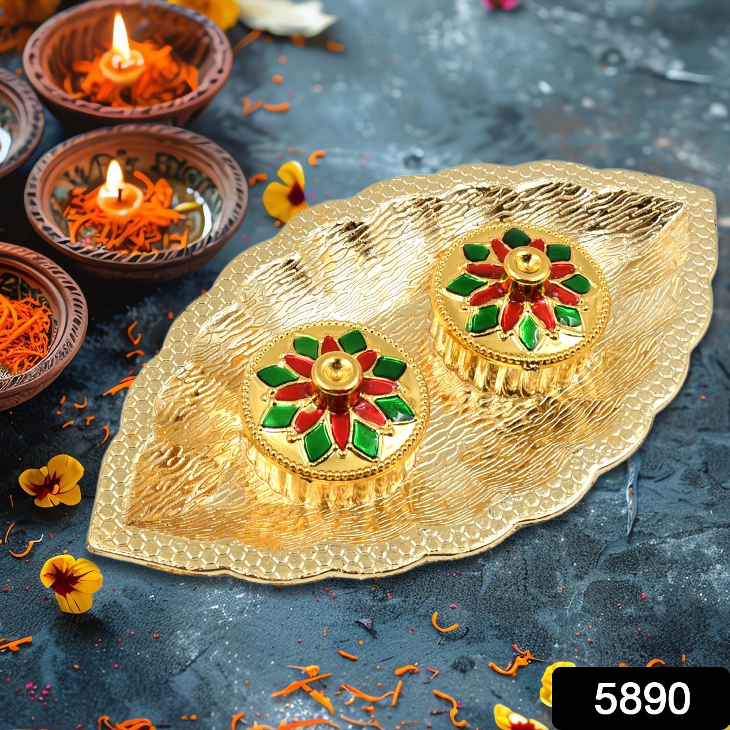 Leaf Shape Special Puja Thali (1 Pc / Mix Design) - Shivani Jaswal Leaf Shape Special Puja Thali (1 Pc / Mix Design)