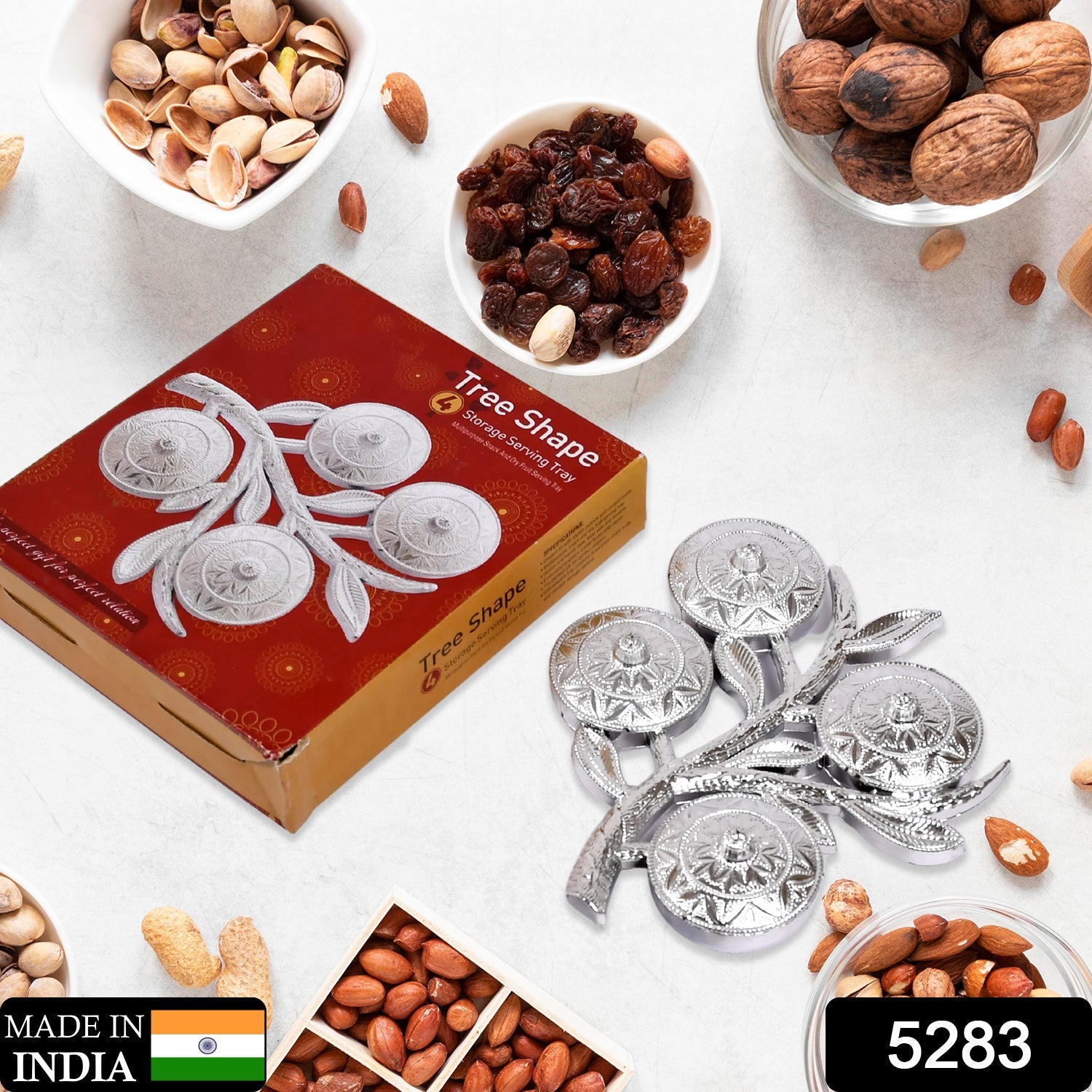 Tree Shape 4 Compartment Mukhwas Dani Serving Tray For Home & Kitchen Use - Shivani Jaswal Tree Shape 4 Compartment Mukhwas Dani Serving Tray For Home & Kitchen Use