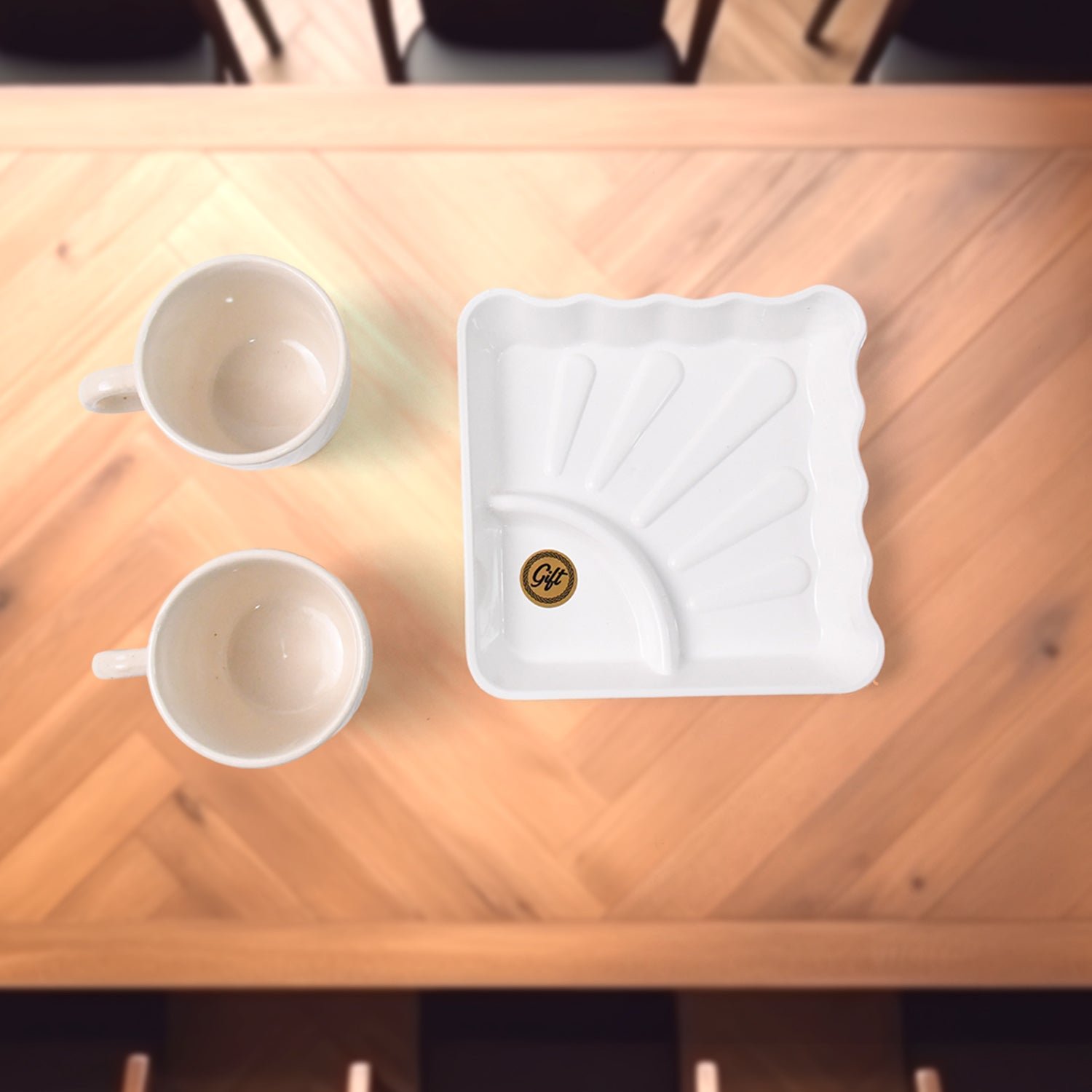 Cerntric Ceramic Tea Cup With Plastic Square Shape Serving Platter Milk Cup 3pc Set - Shivani Jaswal Cerntric Ceramic Tea Cup With Plastic Square Shape Serving Platter Milk Cup 3pc Set