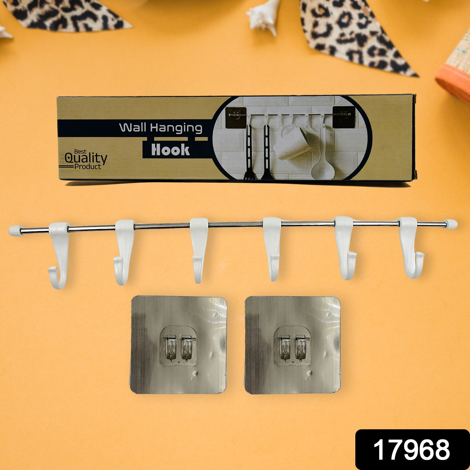 Stainless Steel Utensil Hanger Rail Nail Free Wall Mount with 2 Magic Stickers & 6 Plastic Hooks For Kitchen - Shivani Jaswal Stainless Steel Utensil Hanger Rail Nail Free Wall Mount with 2 Magic Stickers & 6 Plastic Hooks For Kitchen