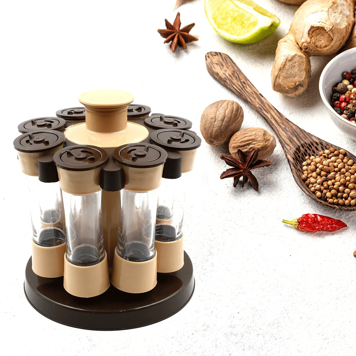 Revolving Spice Rack, 8 Spice jars with 120 ml, Condiment Set - Shivani Jaswal Revolving Spice Rack, 8 Spice jars with 120 ml, Condiment Set