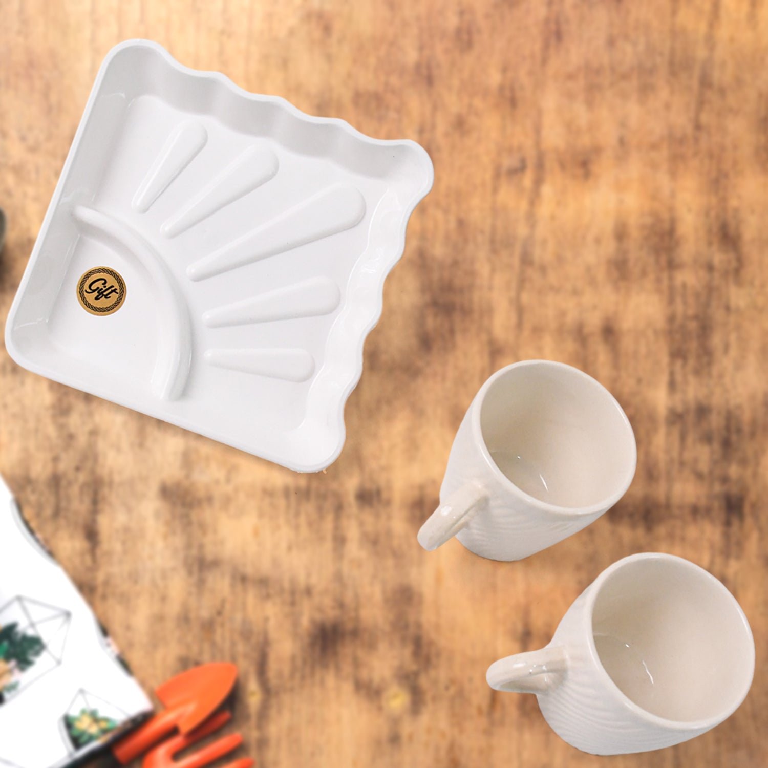 Cerntric Ceramic Tea Cup With Plastic Square Shape Serving Platter Milk Cup 3pc Set - Shivani Jaswal Cerntric Ceramic Tea Cup With Plastic Square Shape Serving Platter Milk Cup 3pc Set