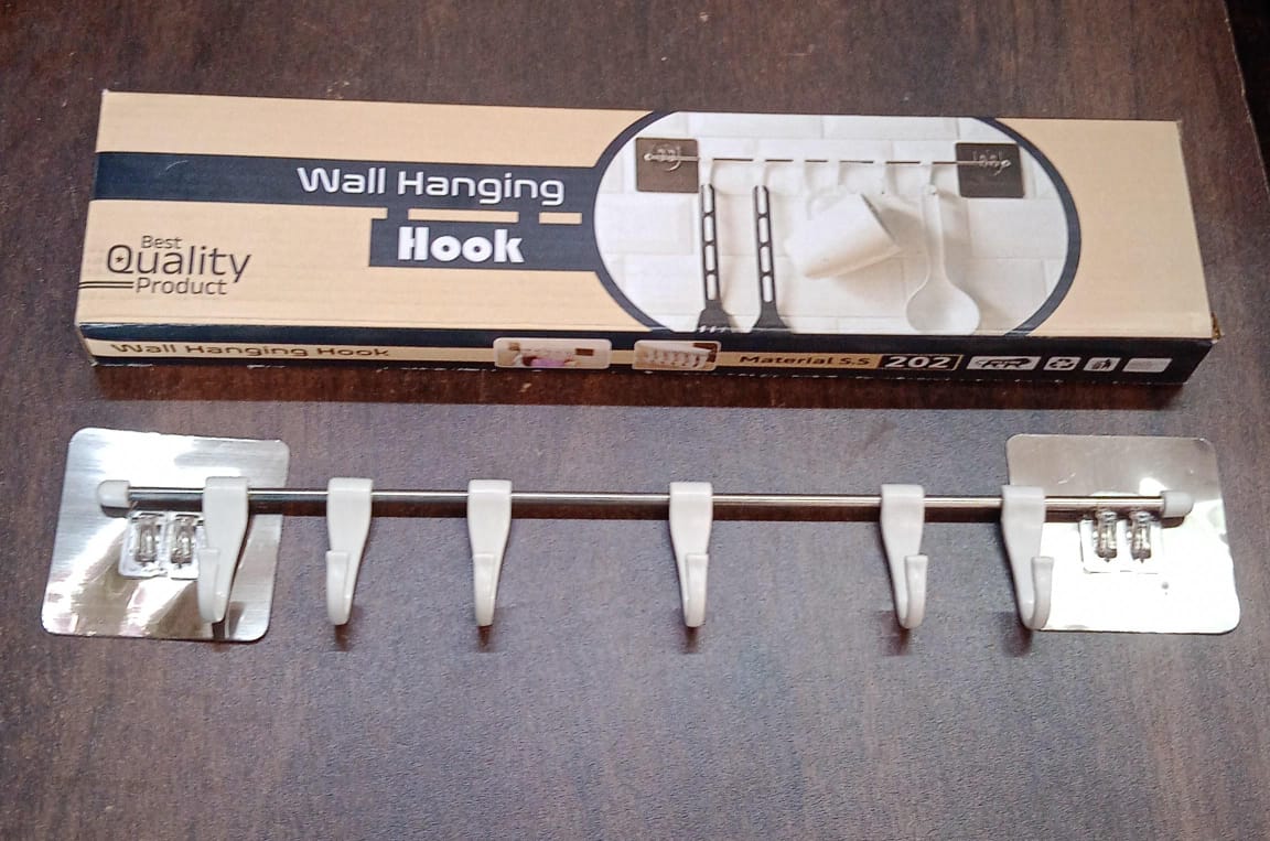 Stainless Steel Utensil Hanger Rail Nail Free Wall Mount with 2 Magic Stickers & 6 Plastic Hooks For Kitchen - Shivani Jaswal Stainless Steel Utensil Hanger Rail Nail Free Wall Mount with 2 Magic Stickers & 6 Plastic Hooks For Kitchen