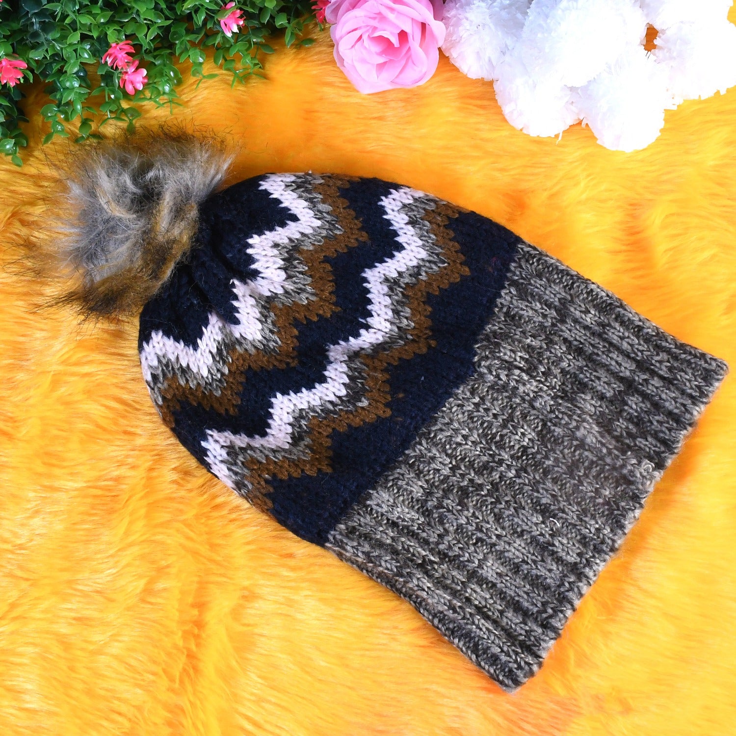 Winter Woolen Knitted Black Inside Fur Beanie Cap (1 Pc / Mix Design & Color) - Shivani Jaswal Winter Woolen Knitted Black Inside Fur Beanie Cap (1 Pc / Mix Design & Color)