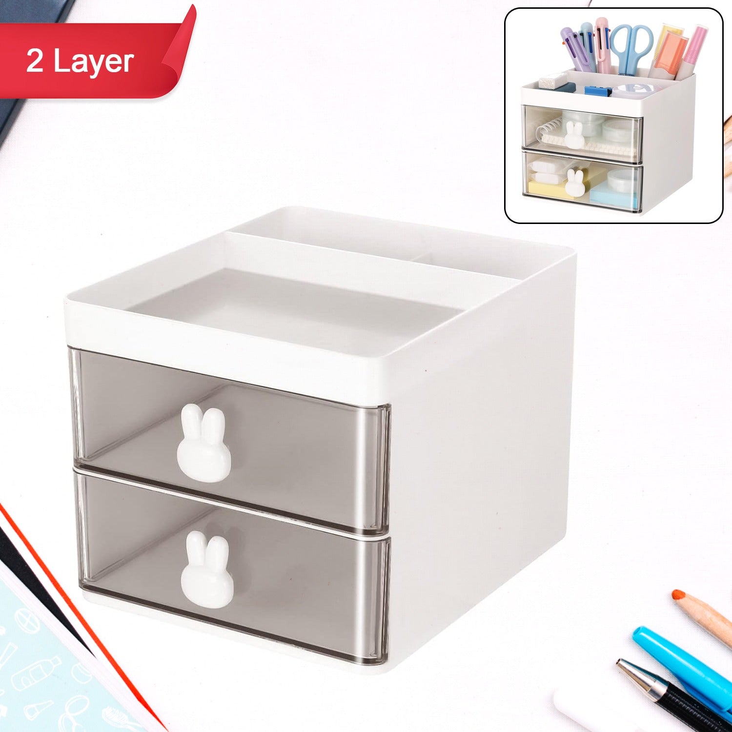 2 Layer 5 Compartment Desk Organizer with Transparent Drawer (1 Pc / 15×13×11 Cm) - Shivani Jaswal 2 Layer 5 Compartment Desk Organizer with Transparent Drawer (1 Pc / 15×13×11 Cm)