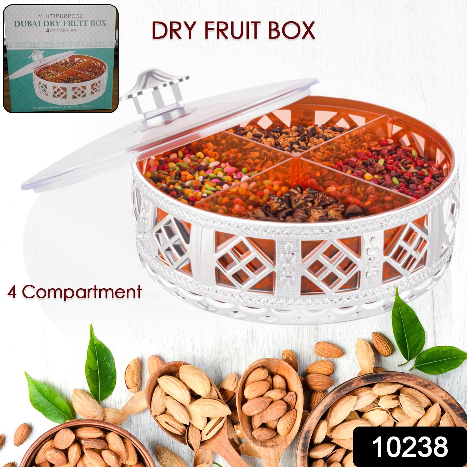 Multipurpose Dry Fruit Box 4 Section Dry Fruit Round Silver Gift Box (1 Pc) - Shivani Jaswal Multipurpose Dry Fruit Box 4 Section Dry Fruit Round Silver Gift Box (1 Pc)