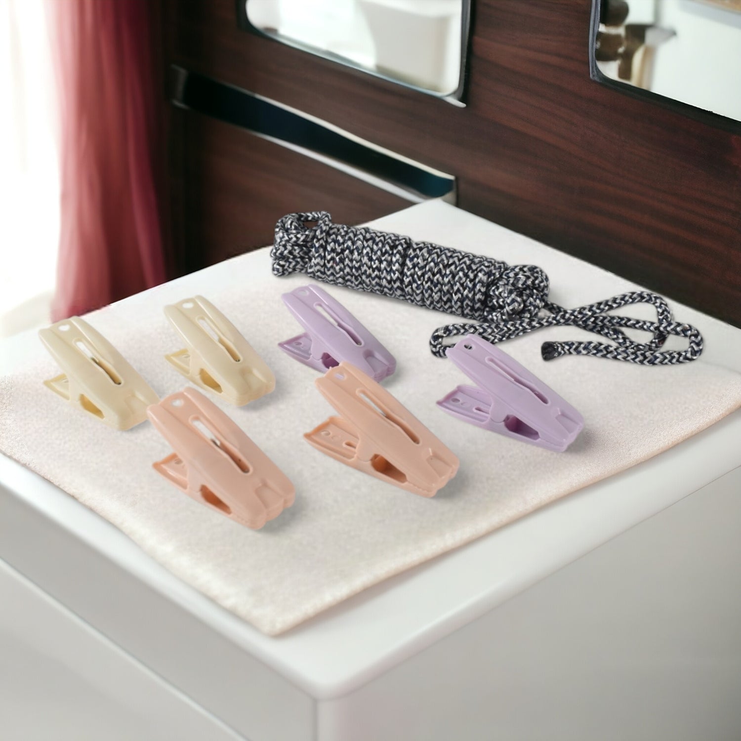 Cloth Drying Rope with Clips – Convenient and Durable Hanging Solution (7 Pc Set) - Shivani Jaswal Cloth Drying Rope with Clips – Convenient and Durable Hanging Solution (7 Pc Set)