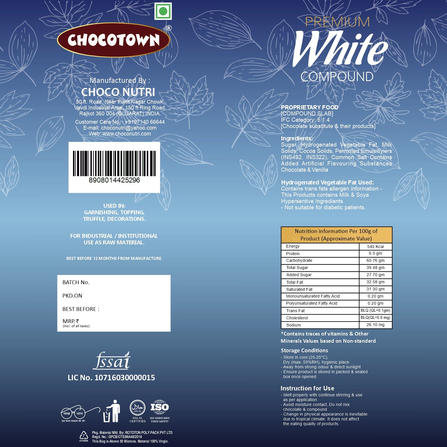 Chocotown Premium White Choco Compound Slab, 500gm - Shivani Jaswal Chocotown Premium White Choco Compound Slab, 500gm
