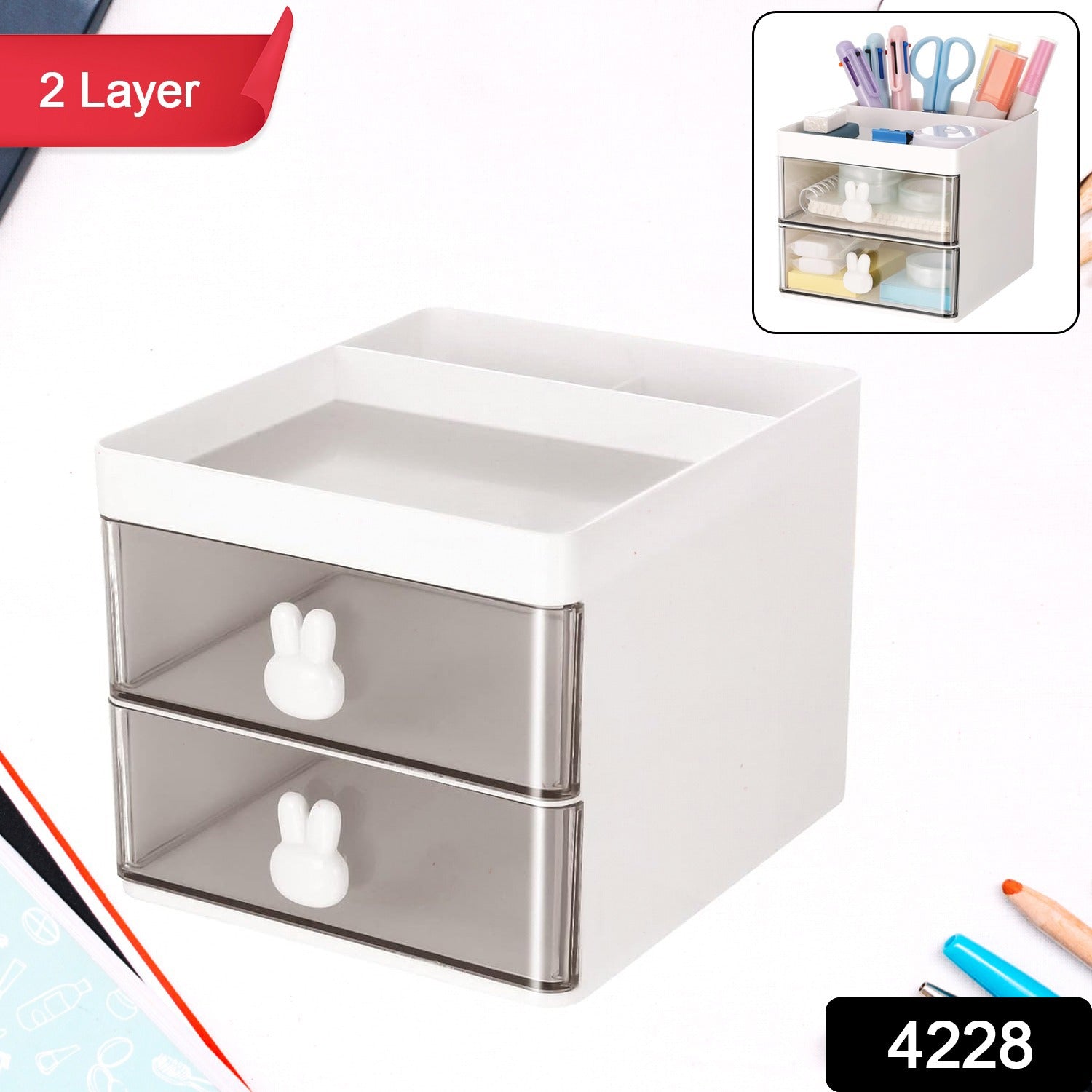 2 Layer 5 Compartment Desk Organizer with Transparent Drawer (1 Pc / 15×13×11 Cm) - Shivani Jaswal 2 Layer 5 Compartment Desk Organizer with Transparent Drawer (1 Pc / 15×13×11 Cm)