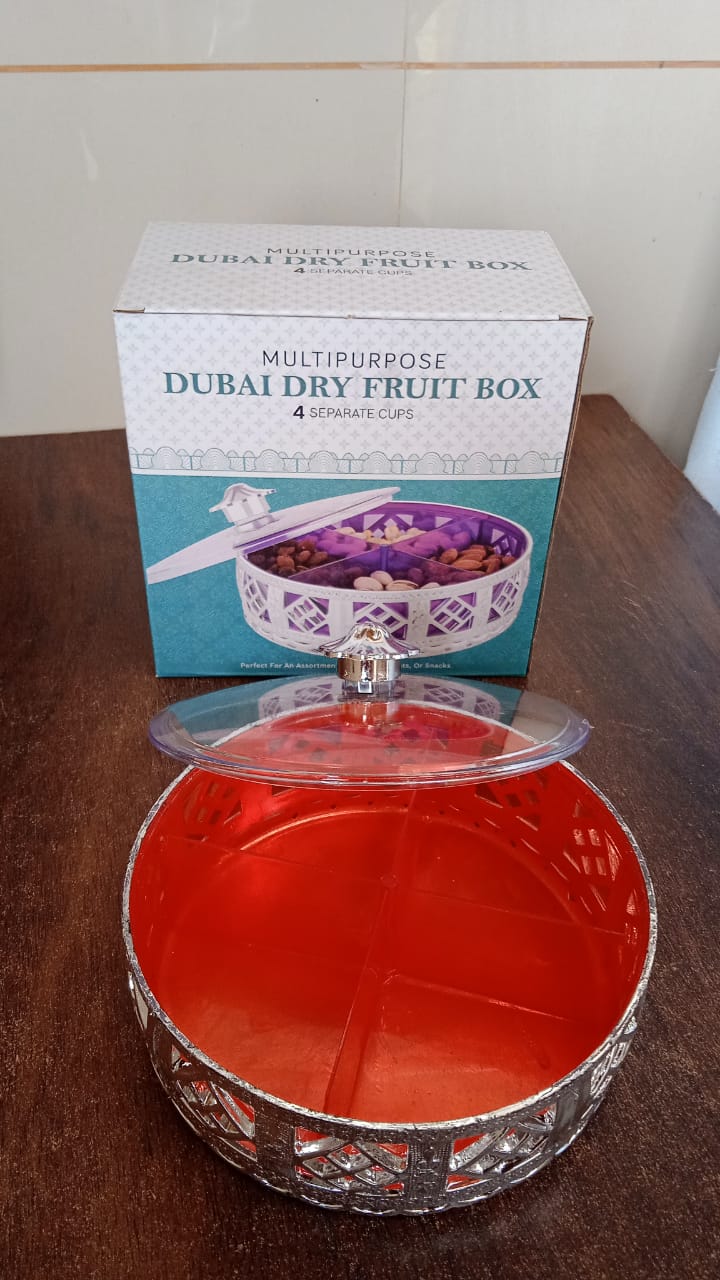 Multipurpose Dry Fruit Box 4 Section Dry Fruit Round Silver Gift Box (1 Pc) - Shivani Jaswal Multipurpose Dry Fruit Box 4 Section Dry Fruit Round Silver Gift Box (1 Pc)