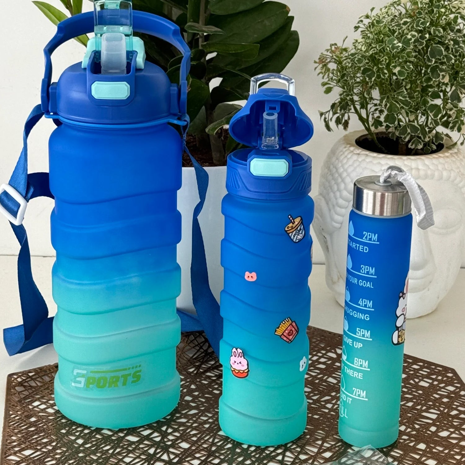 Plastic Water Bottle, 3 Different Size Bottle (3 Pc Set / With Straw & Sticker) - Shivani Jaswal Plastic Water Bottle, 3 Different Size Bottle (3 Pc Set / With Straw & Sticker)