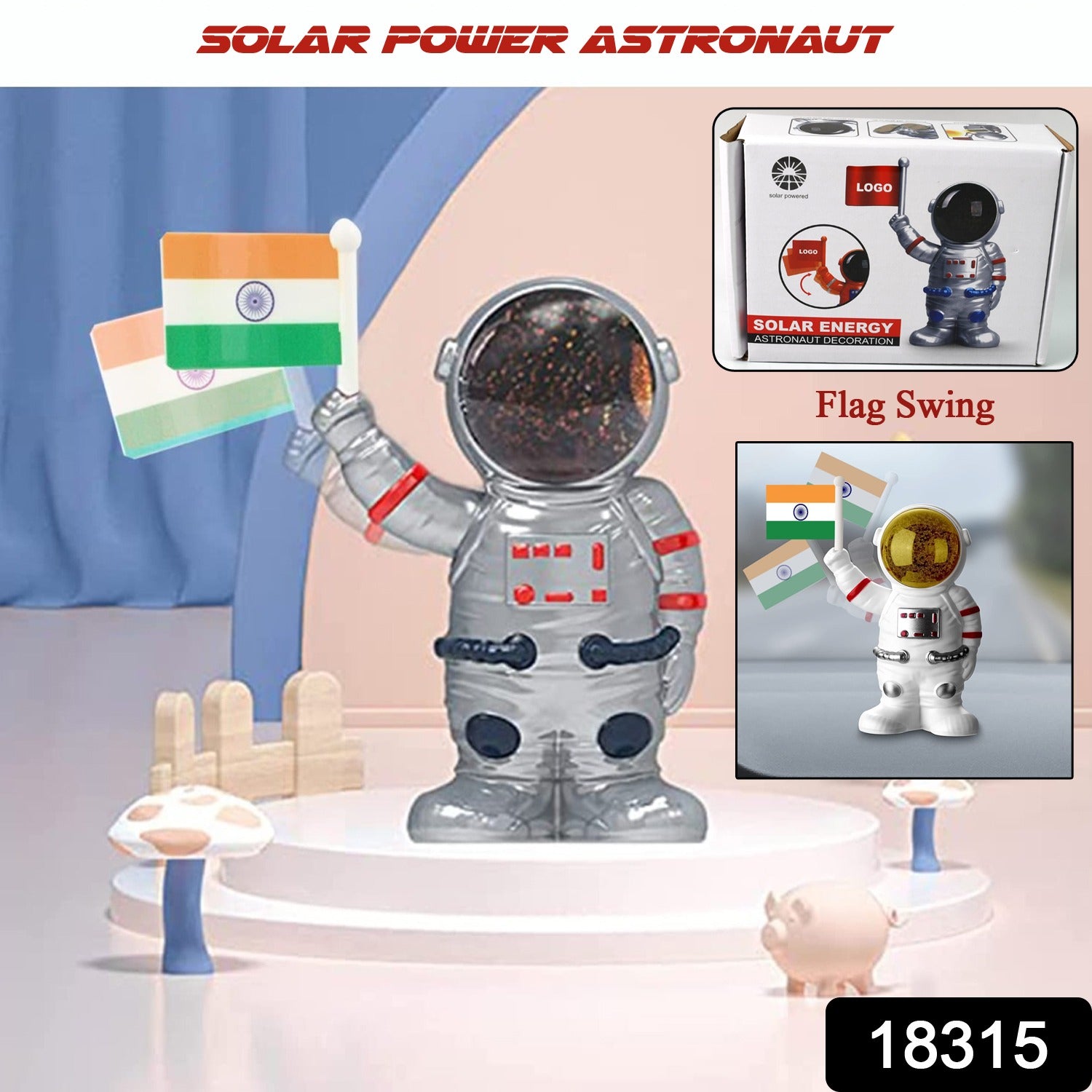Solar Power Astronaut Ornament Moving Hand with Indian Flag (1 Pc) - Shivani Jaswal Solar Power Astronaut Ornament Moving Hand with Indian Flag (1 Pc)