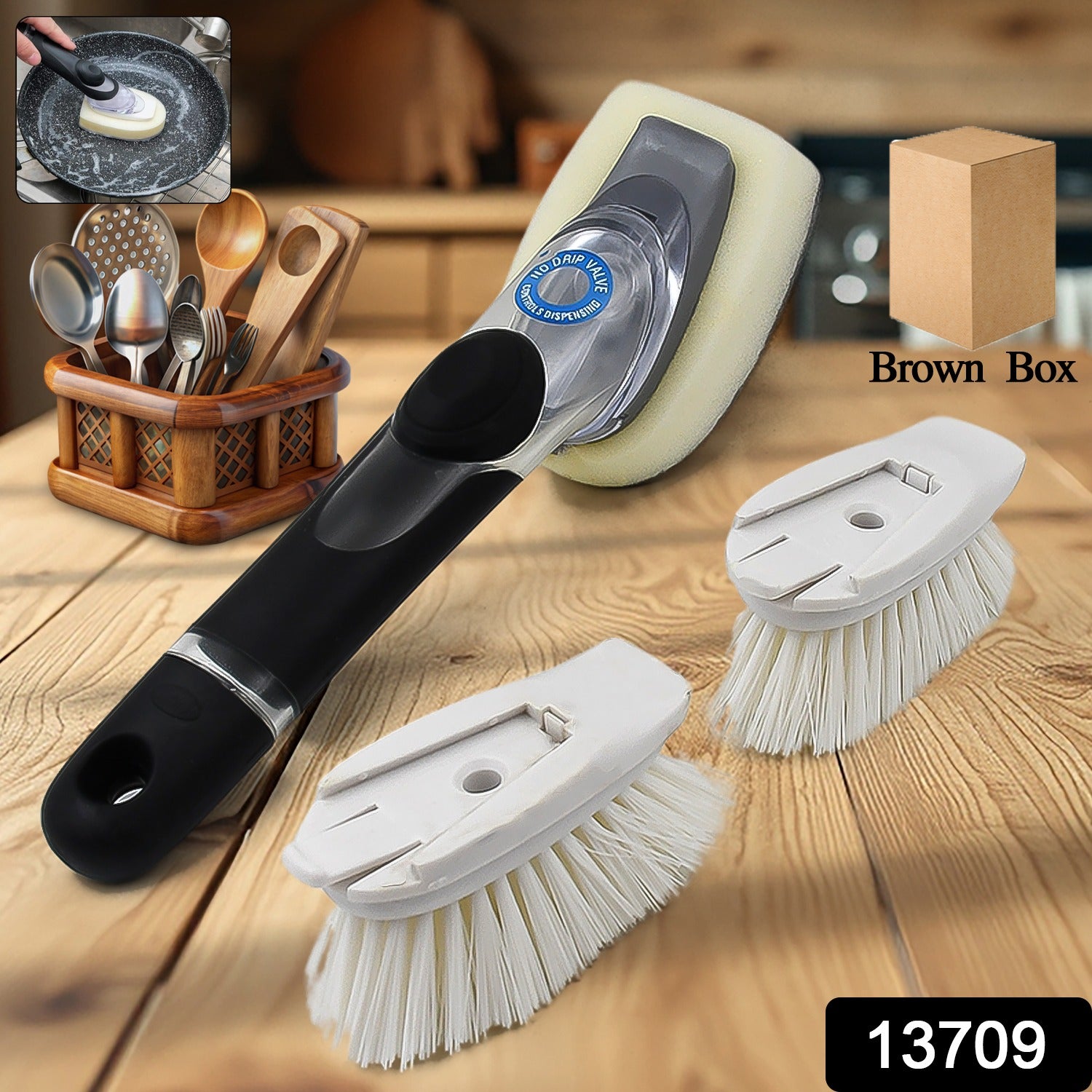 Dish Scrubber with Soap Dispenser, Soap Dispensing Dish Brush Set (1 Set / With Brown Box) - Shivani Jaswal Dish Scrubber with Soap Dispenser, Soap Dispensing Dish Brush Set (1 Set / With Brown Box)