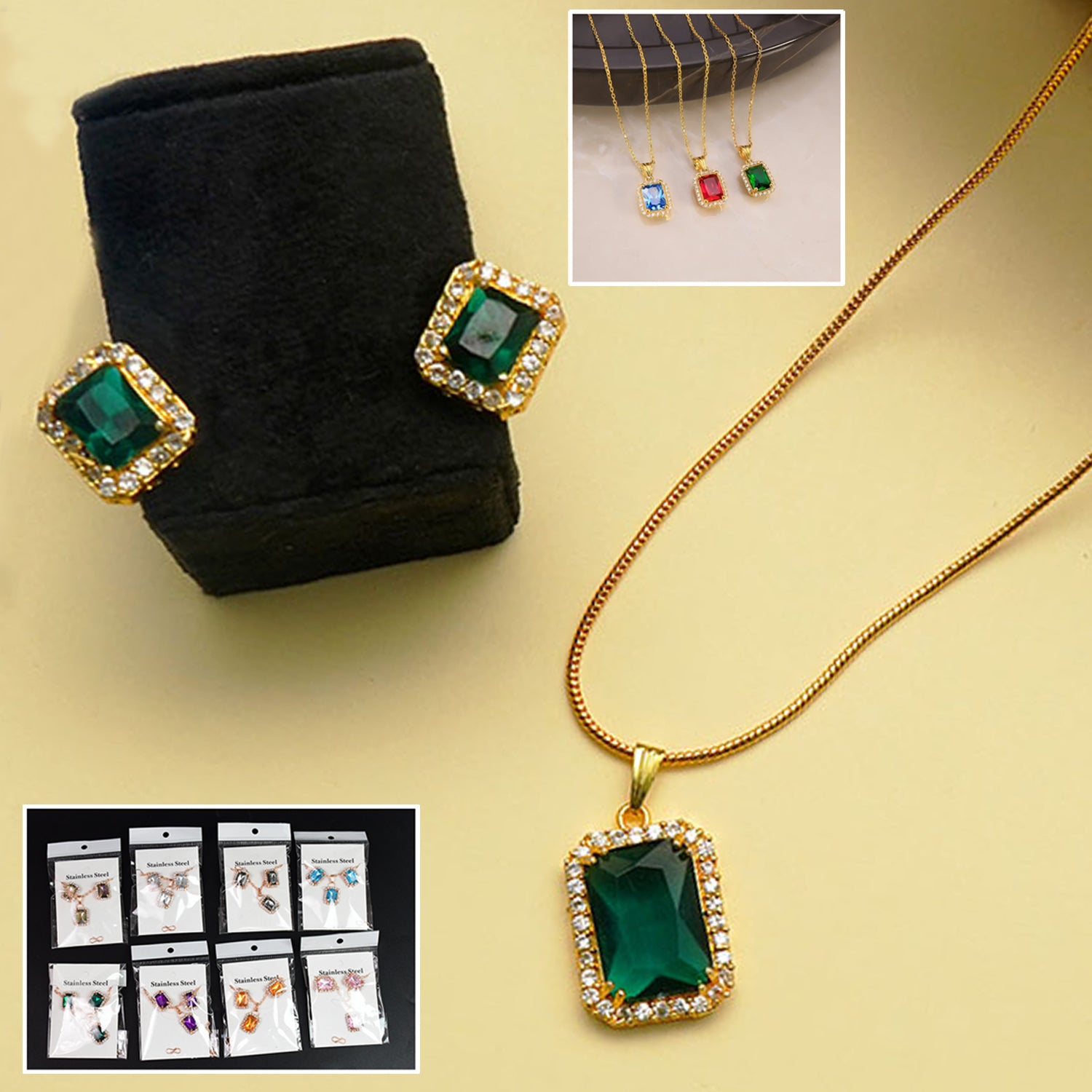 Stone Pendant Necklace Chain Set with Earrings (1 Set / Mix Color & Design) - Shivani Jaswal Stone Pendant Necklace Chain Set with Earrings (1 Set / Mix Color & Design)