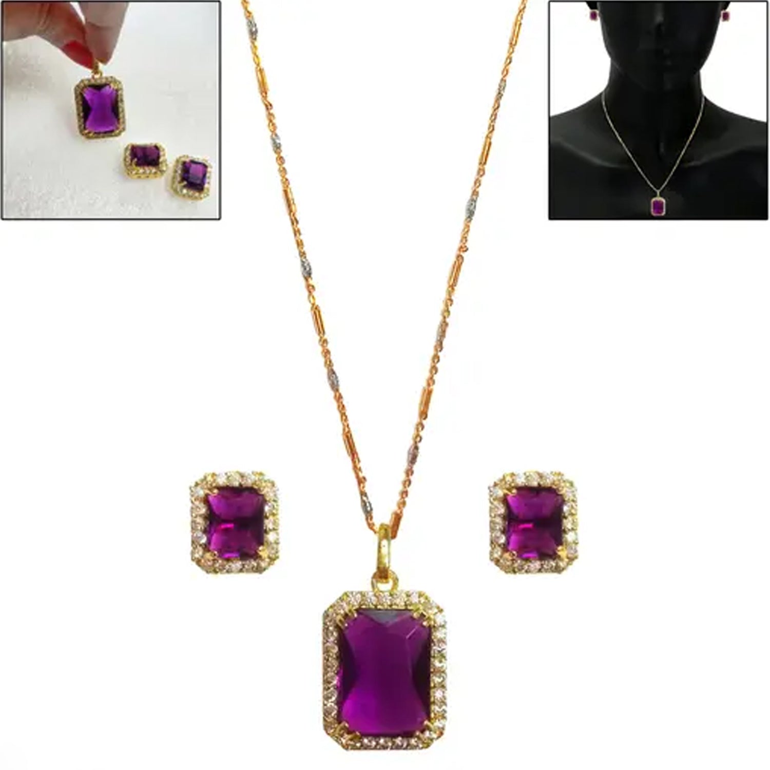 Stone Pendant Necklace Chain Set with Earrings (1 Set / Mix Color & Design) - Shivani Jaswal Stone Pendant Necklace Chain Set with Earrings (1 Set / Mix Color & Design)