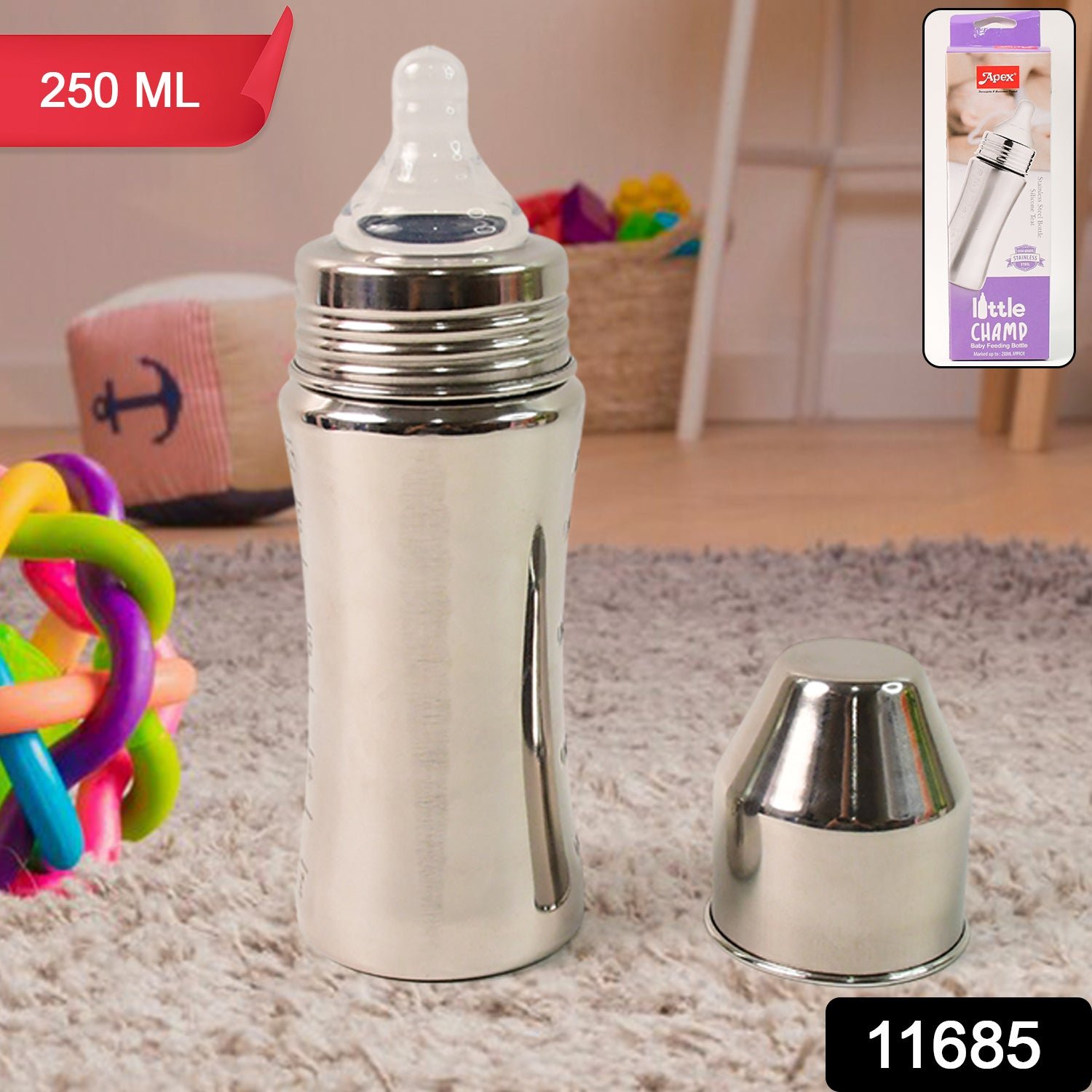 Apex Stainless Steel Little Champ Baby Feeding Bottle (250 ml) - Shivani Jaswal Apex Stainless Steel Little Champ Baby Feeding Bottle (250 ml)