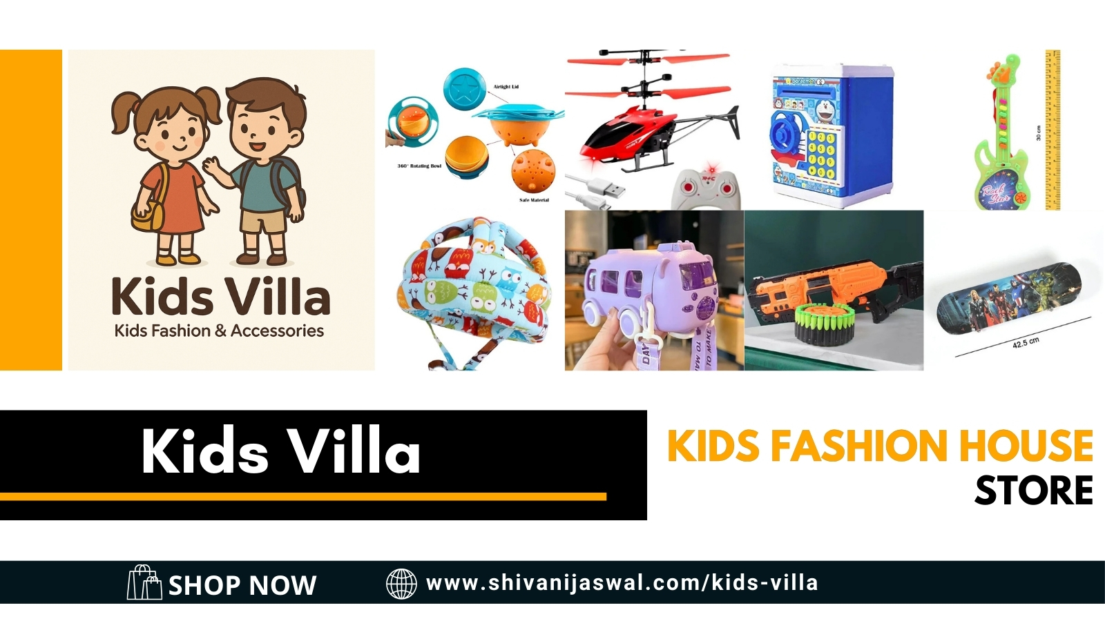 Kids Villa kids fashion store with stylish clothing and accessories for boys and girls, including dresses, shoes, and cute add-ons.