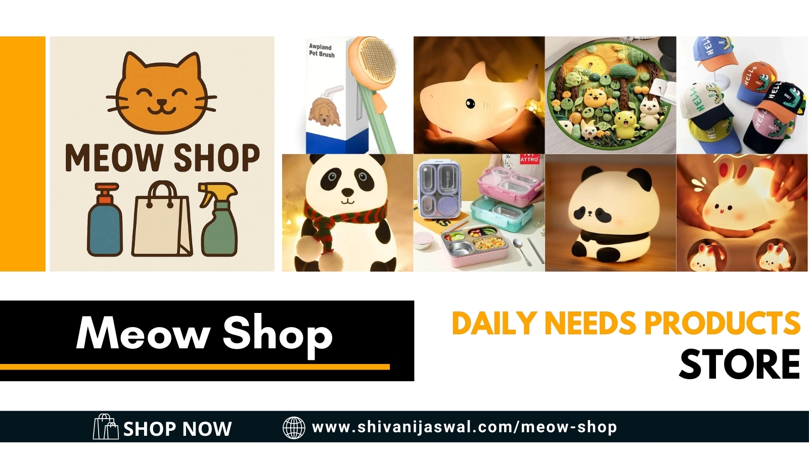 Meow Shop showcasing a variety of daily utility products including home, kitchen, and personal care essentials.