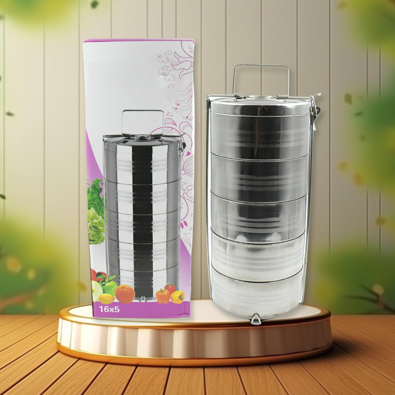 5 Compartment Lunch Box (Stainless Steel): Round Tiffin, Leakproof (16x5") - Shivani Jaswal 5 Compartment Lunch Box (Stainless Steel): Round Tiffin, Leakproof (16x5")