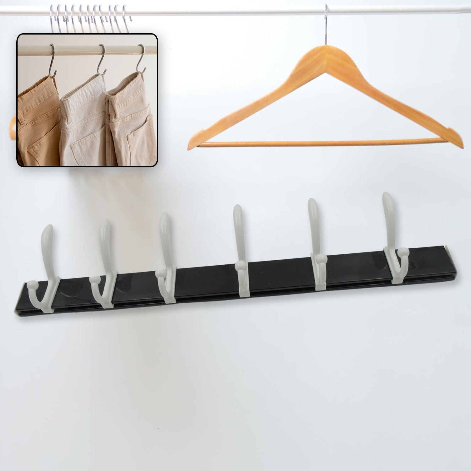 Wall Door Hook Rail | 6 Hook Hanger for Clothes & Hats | With Eco-Friendly Adhesive - Shivani Jaswal Wall Door Hook Rail | 6 Hook Hanger for Clothes & Hats | With Eco-Friendly Adhesive