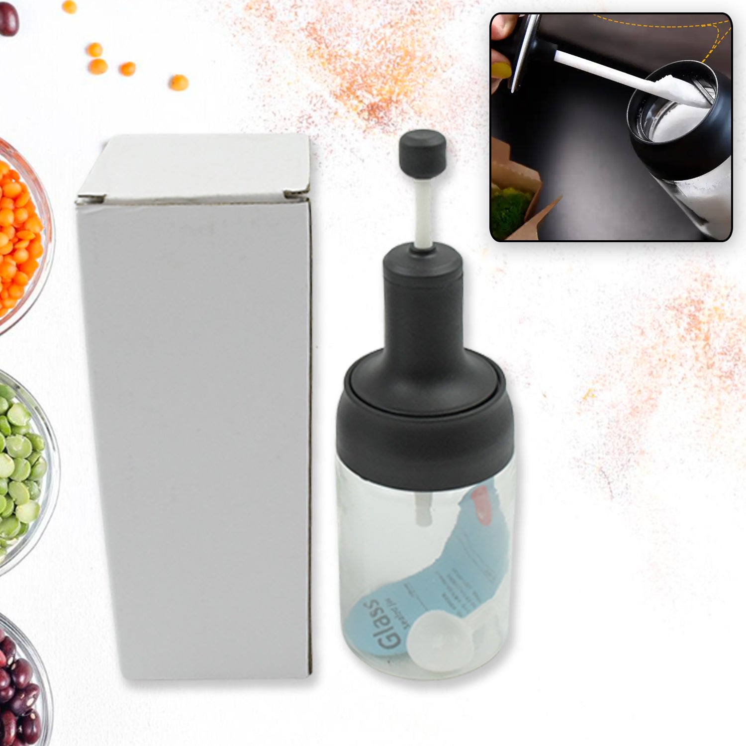 All-in-One Seasoning Jar: Heat-Resistant Glass with Spoon (1 Pc) - Shivani Jaswal All-in-One Seasoning Jar: Heat-Resistant Glass with Spoon (1 Pc)