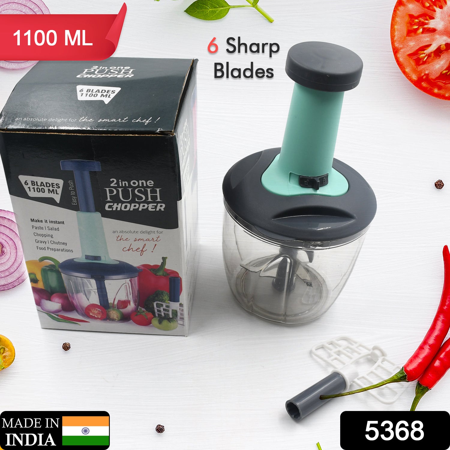 1100 ml 2 in 1 Push up Chopper with affixed with 6 Sharp Blade | Vegetable and Fruit Cutter with Easy Push and chop Button - Shivani Jaswal 1100 ml 2 in 1 Push up Chopper with affixed with 6 Sharp Blade | Vegetable and Fruit Cutter with Easy Push and chop Button
