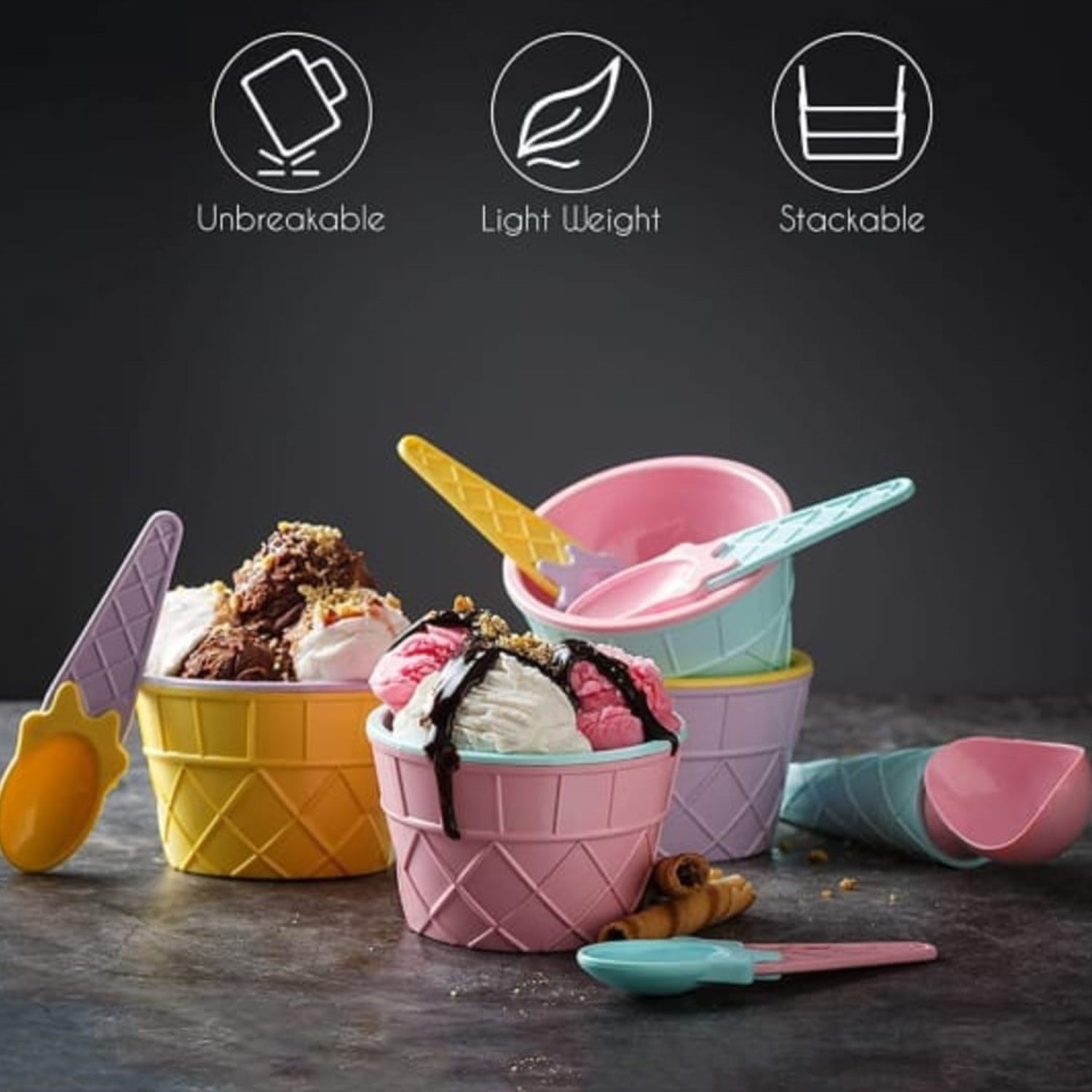 Premium Ice Cream Waffle Spoon Bowl Set (6-Piece , Color Box) - Shivani Jaswal Premium Ice Cream Waffle Spoon Bowl Set (6-Piece , Color Box)