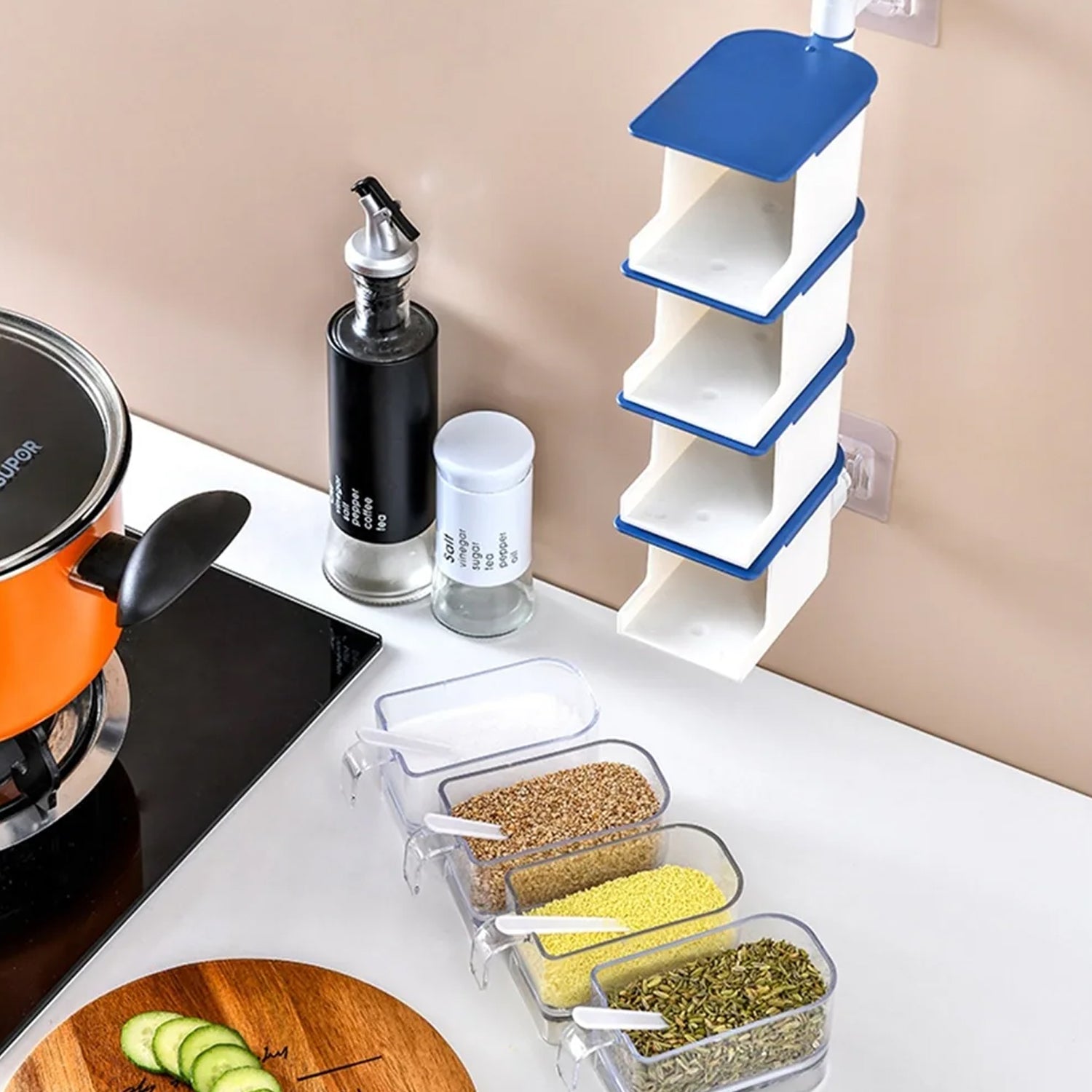 4 Layer Creative Adhesive Wall Hanging Rotary Seasoning Box Condiment Storage Container Kitchen with Spoon Pepper Sugar Spice Jar Rack Food - Shivani Jaswal 4 Layer Creative Adhesive Wall Hanging Rotary Seasoning Box Condiment Storage Container Kitchen with Spoon Pepper Sugar Spice Jar Rack Food
