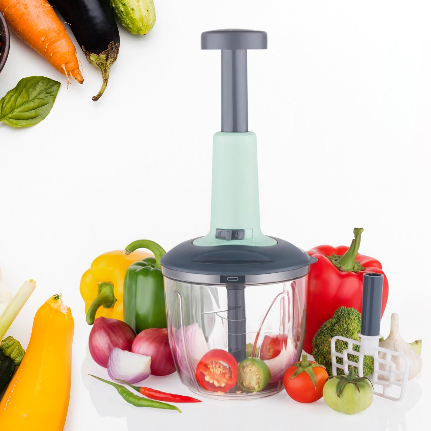 1100 ml 2 in 1 Push up Chopper with affixed with 6 Sharp Blade | Vegetable and Fruit Cutter with Easy Push and chop Button - Shivani Jaswal 1100 ml 2 in 1 Push up Chopper with affixed with 6 Sharp Blade | Vegetable and Fruit Cutter with Easy Push and chop Button