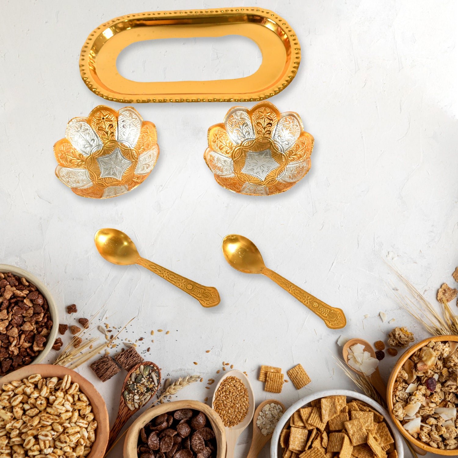 5in1 Gold Silver Plated 2 Bowl 2 Spoon Tray Set Brass with Red Velvet Gift Box Serving Dry Fruits Desserts Gift - Shivani Jaswal 5in1 Gold Silver Plated 2 Bowl 2 Spoon Tray Set Brass with Red Velvet Gift Box Serving Dry Fruits Desserts Gift