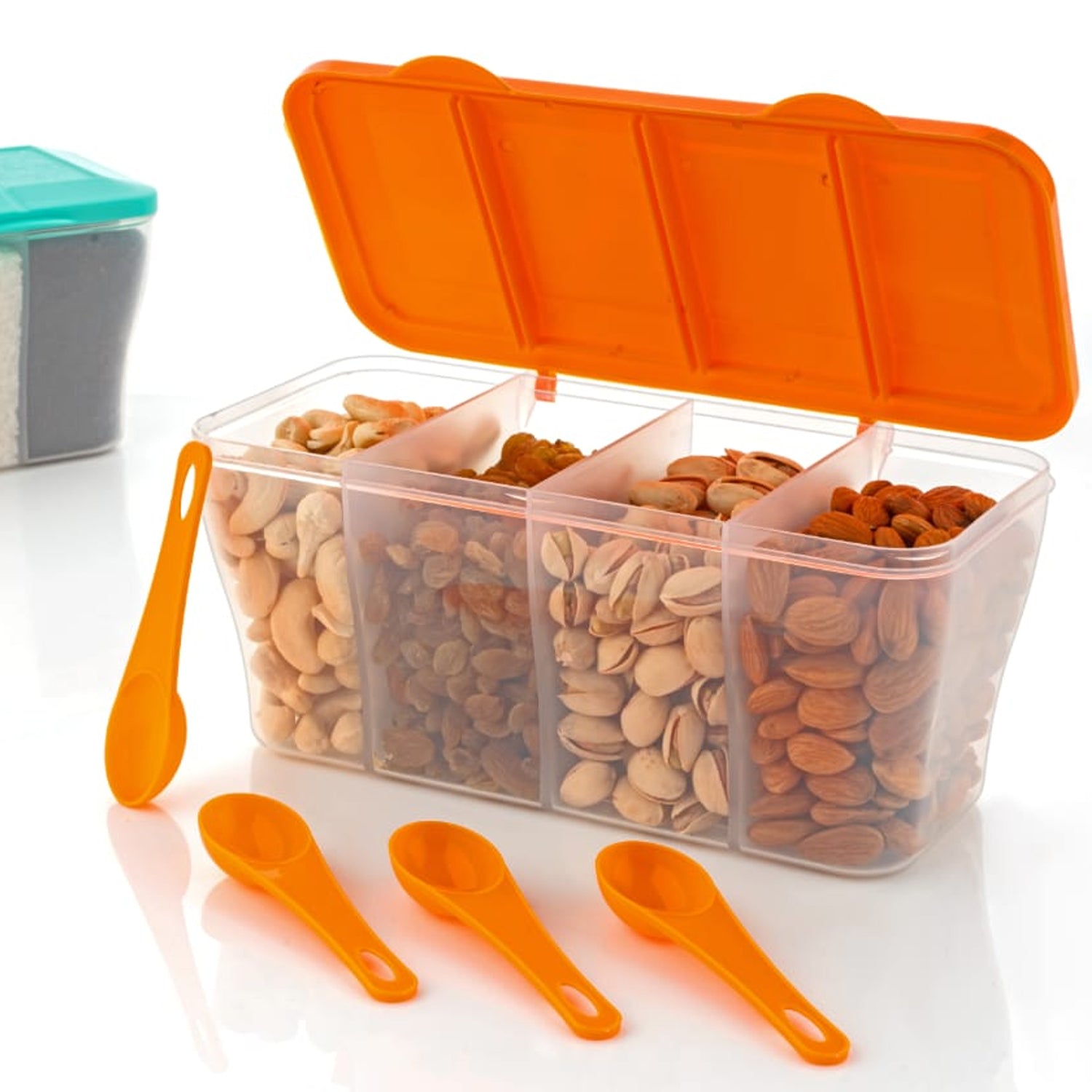 Kitchen Airtight 4-Section Storage Container / Pickle Jar with 4 Spoons (1 Pc / Mix Color) - Shivani Jaswal Kitchen Airtight 4-Section Storage Container / Pickle Jar with 4 Spoons (1 Pc / Mix Color)