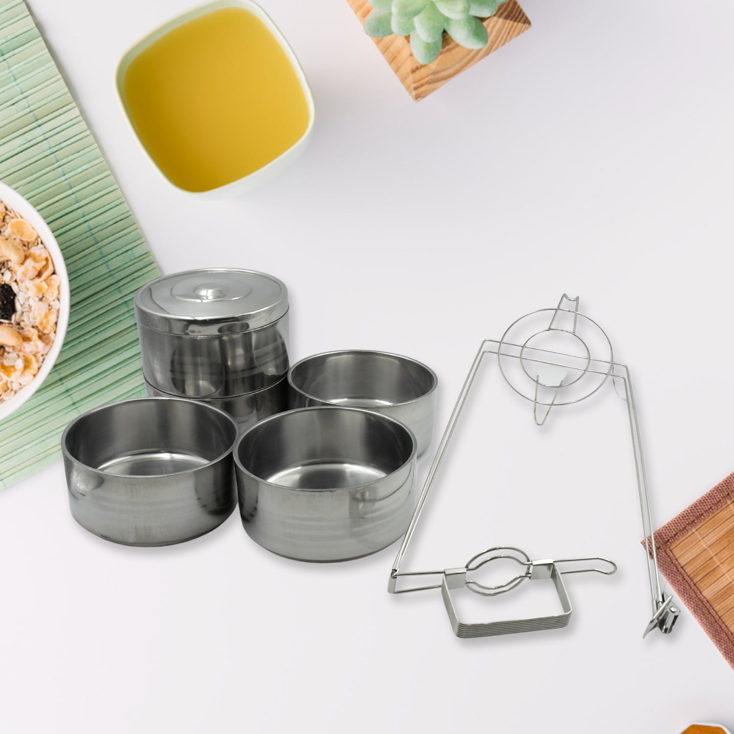 5 Compartment Lunch Box (Stainless Steel): Round Tiffin, Leakproof (16x5") - Shivani Jaswal 5 Compartment Lunch Box (Stainless Steel): Round Tiffin, Leakproof (16x5")