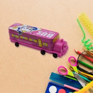 Double Decker Metal Bus Compass Case Ã¢â‚¬â€œ 2-Layer with Movable Wheels & Sharpener for Kids