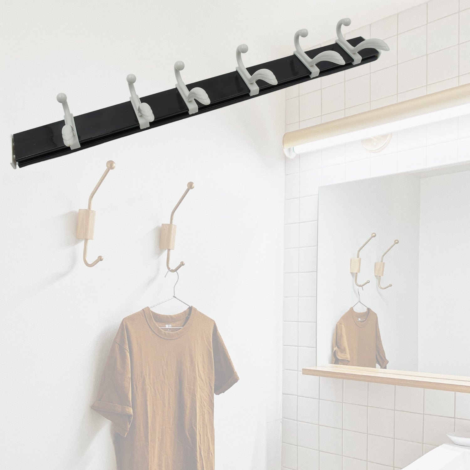 Wall Door Hook Rail | 6 Hook Hanger for Clothes & Hats | With Eco-Friendly Adhesive - Shivani Jaswal Wall Door Hook Rail | 6 Hook Hanger for Clothes & Hats | With Eco-Friendly Adhesive