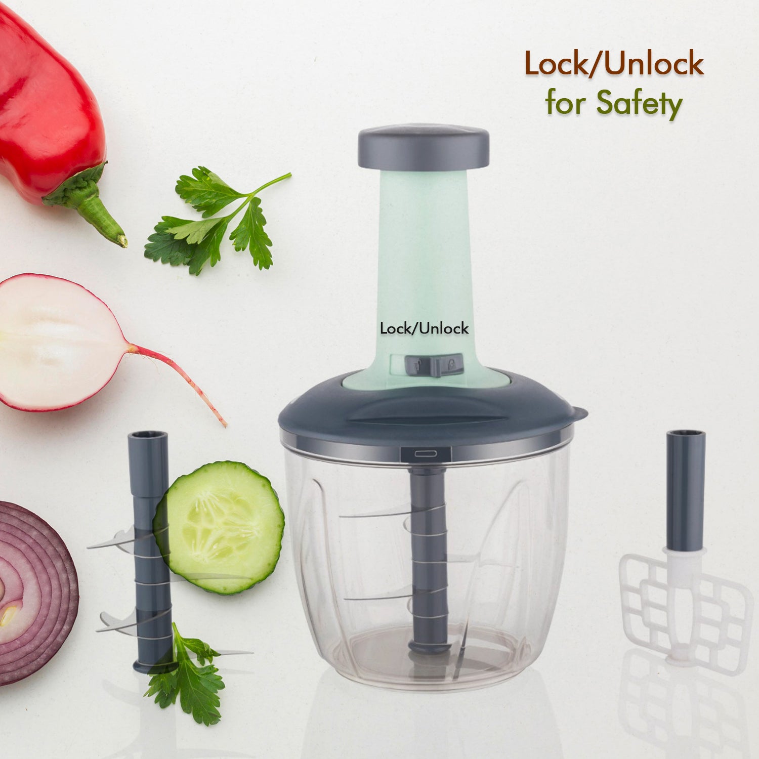 1100 ml 2 in 1 Push up Chopper with affixed with 6 Sharp Blade | Vegetable and Fruit Cutter with Easy Push and chop Button - Shivani Jaswal 1100 ml 2 in 1 Push up Chopper with affixed with 6 Sharp Blade | Vegetable and Fruit Cutter with Easy Push and chop Button