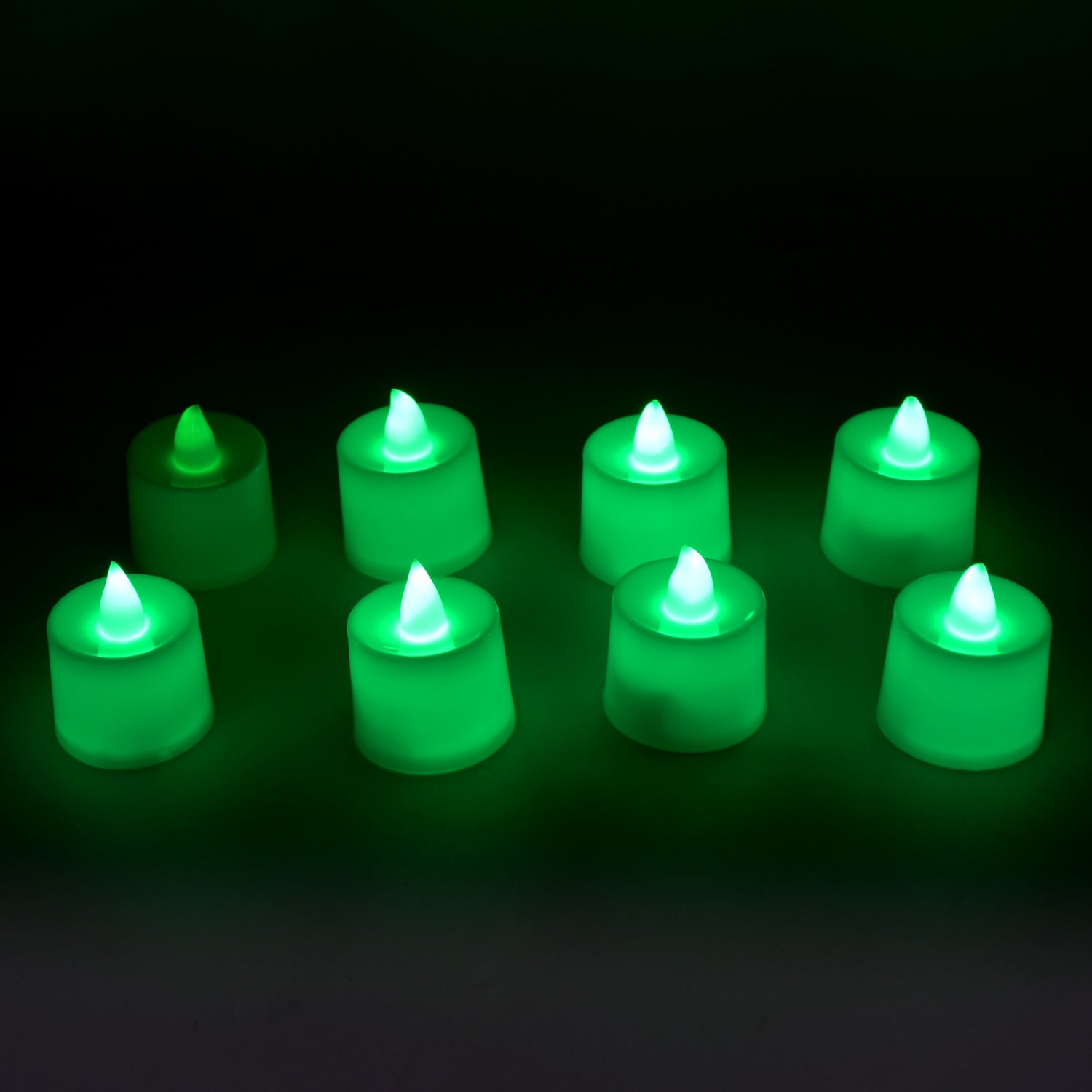 GREEN FLAMELESS LED TEALIGHTS, SMOKELESS PLASTIC DECORATIVE CANDLES - LED TEA LIGHT CANDLE FOR HOME DECORATION (PACK OF 8) - Shivani Jaswal GREEN FLAMELESS LED TEALIGHTS, SMOKELESS PLASTIC DECORATIVE CANDLES - LED TEA LIGHT CANDLE FOR HOME DECORATION (PACK OF 8)