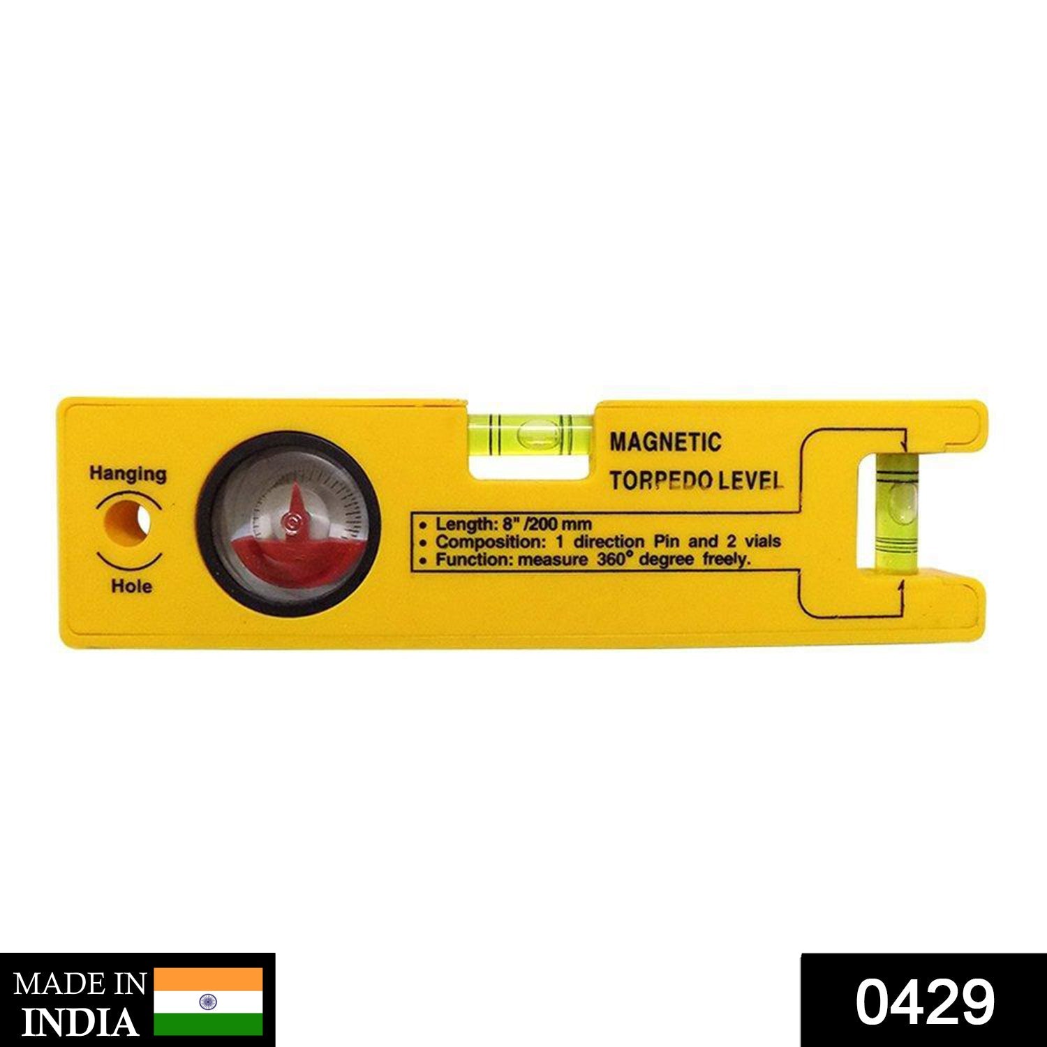 8-inch Magnetic Torpedo Level with 1 Direction Pin, 2 Vials and 360 Degree View - Shivani Jaswal 8-inch Magnetic Torpedo Level with 1 Direction Pin, 2 Vials and 360 Degree View