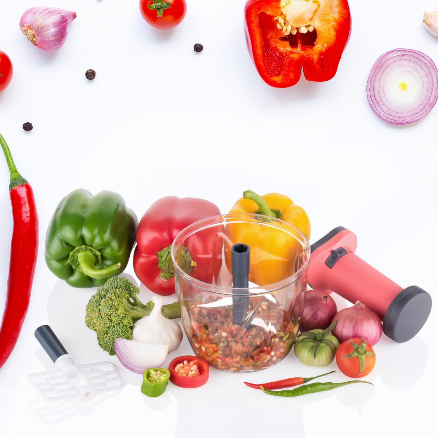1100 ml 2 in 1 Push up Chopper with affixed with 6 Sharp Blade | Vegetable and Fruit Cutter with Easy Push and chop Button - Shivani Jaswal 1100 ml 2 in 1 Push up Chopper with affixed with 6 Sharp Blade | Vegetable and Fruit Cutter with Easy Push and chop Button
