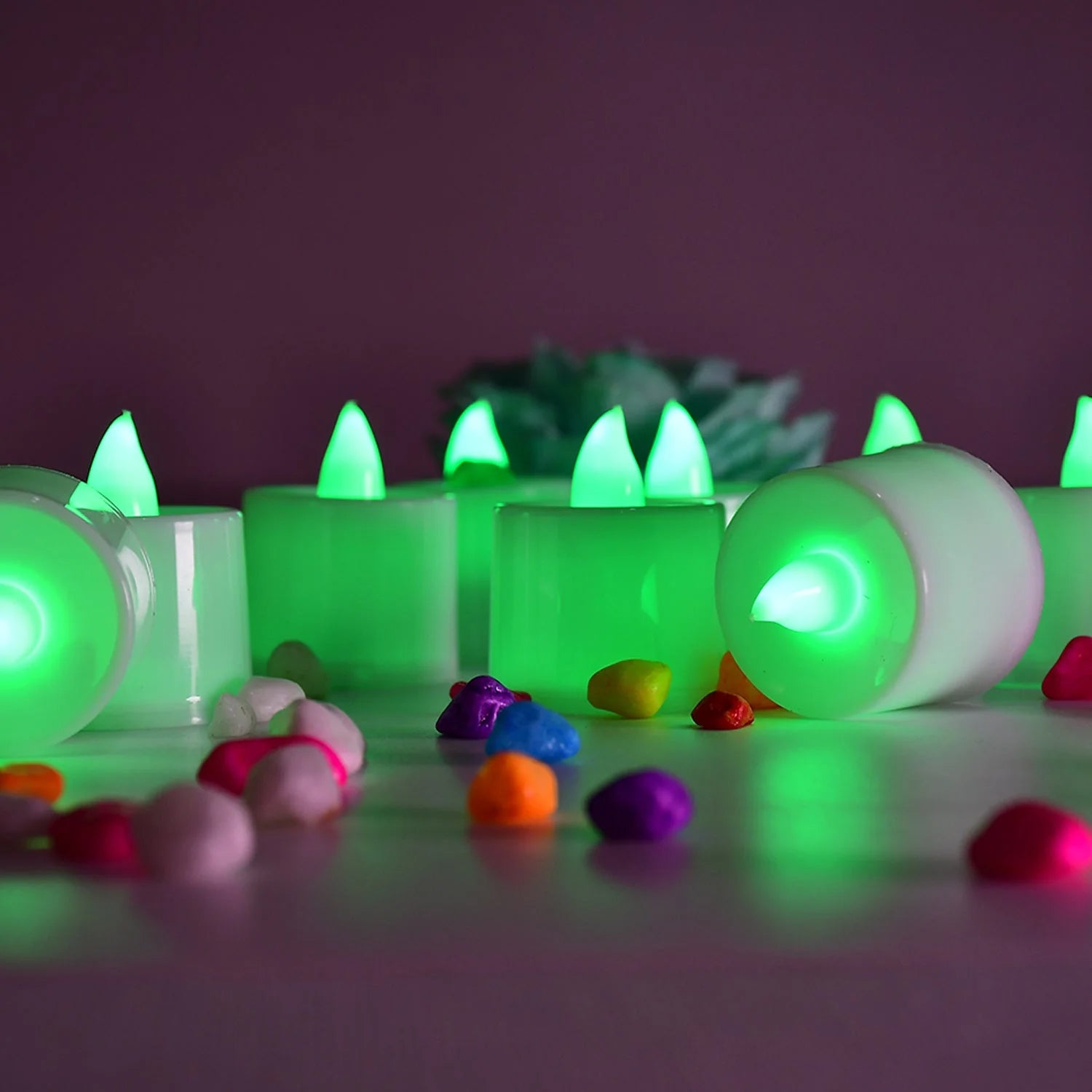 GREEN FLAMELESS LED TEALIGHTS, SMOKELESS PLASTIC DECORATIVE CANDLES - LED TEA LIGHT CANDLE FOR HOME DECORATION (PACK OF 8) - Shivani Jaswal GREEN FLAMELESS LED TEALIGHTS, SMOKELESS PLASTIC DECORATIVE CANDLES - LED TEA LIGHT CANDLE FOR HOME DECORATION (PACK OF 8)