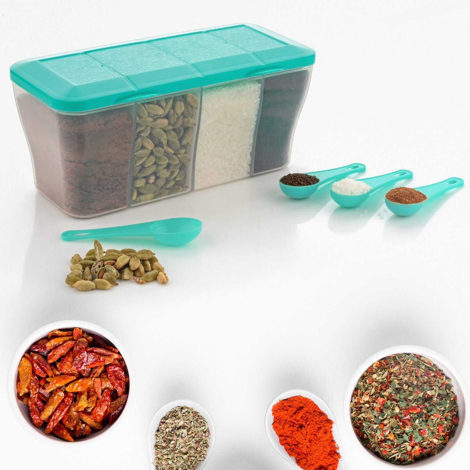 Kitchen Airtight 4-Section Storage Container / Pickle Jar with 4 Spoons (1 Pc / Mix Color) - Shivani Jaswal Kitchen Airtight 4-Section Storage Container / Pickle Jar with 4 Spoons (1 Pc / Mix Color)